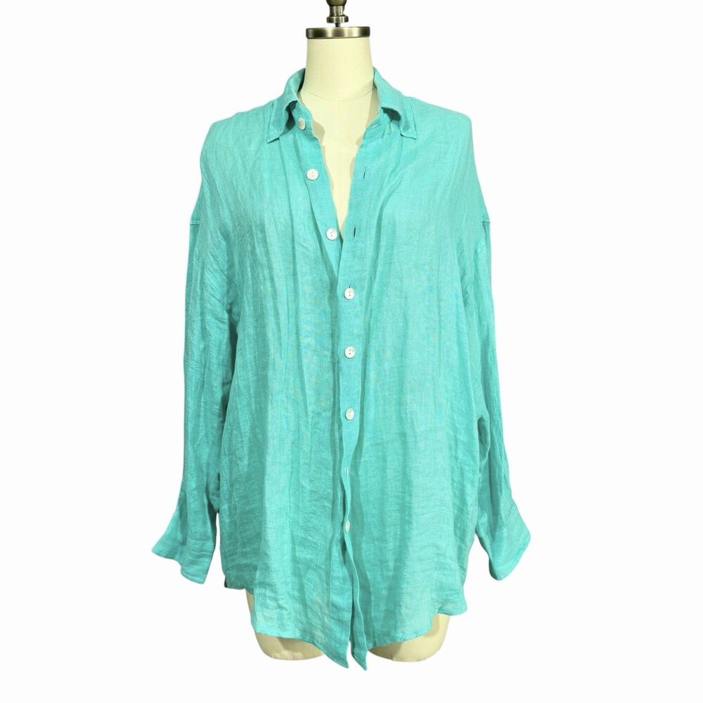 Vitamin A Playa Linen Boyfriend Shirt Oversized Beach Cover-up Aqua Size M - NEW